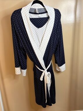 Flora Nikrooz 3-Piece Pajama Set Navy Polka Dot Robe Cami Pants Large NWOT